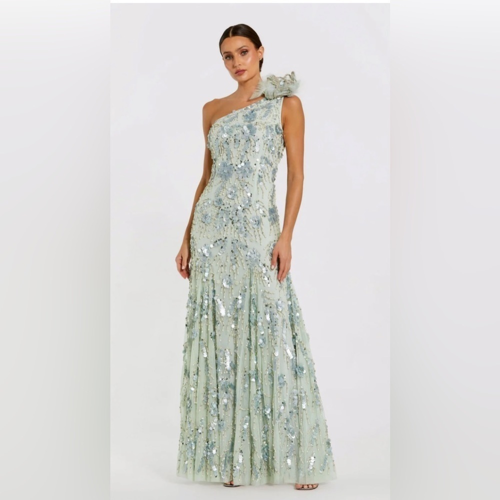 NWT Mac Duggal 94151 Sage Green Embellished One Shoulder Trumpet Gown Size 12 - Picture 1 of 17